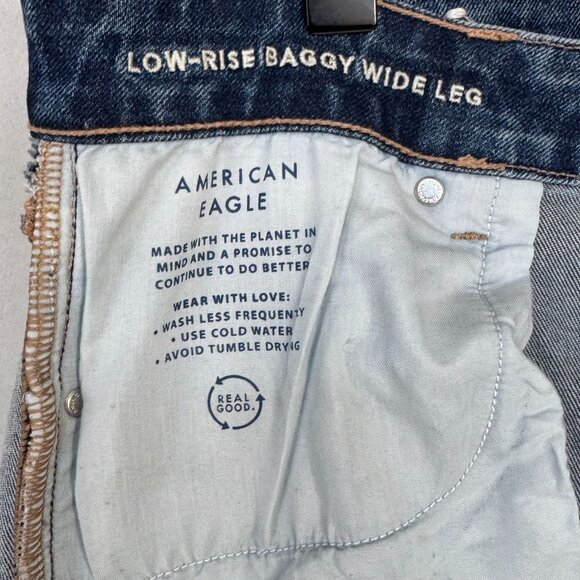 AE Stretch Low-Rise Baggy Wide-Leg Raw Hem Med Blue Denim Jeans Size 12 Long - Picture 13 of 15